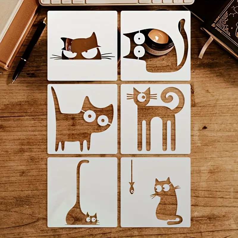 Reusable Washable 6 Cat Painting Stencils, 6x6 Inch DIY Cat Patterns for Art Projects, Scrapbooking, Card Making & Canvas Painting, Reusable Art Templates