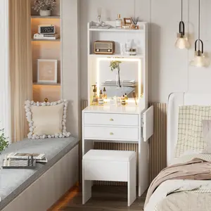 High end and high-quality Small Space Vanity Table Set with 3 Adjustable Lighted Mirror and Storage Chair, Makeup Vanity Table for Small Space, White Dressing Table with Fold-up Panel for Bedroom vanity  without  let vanity  with  chair