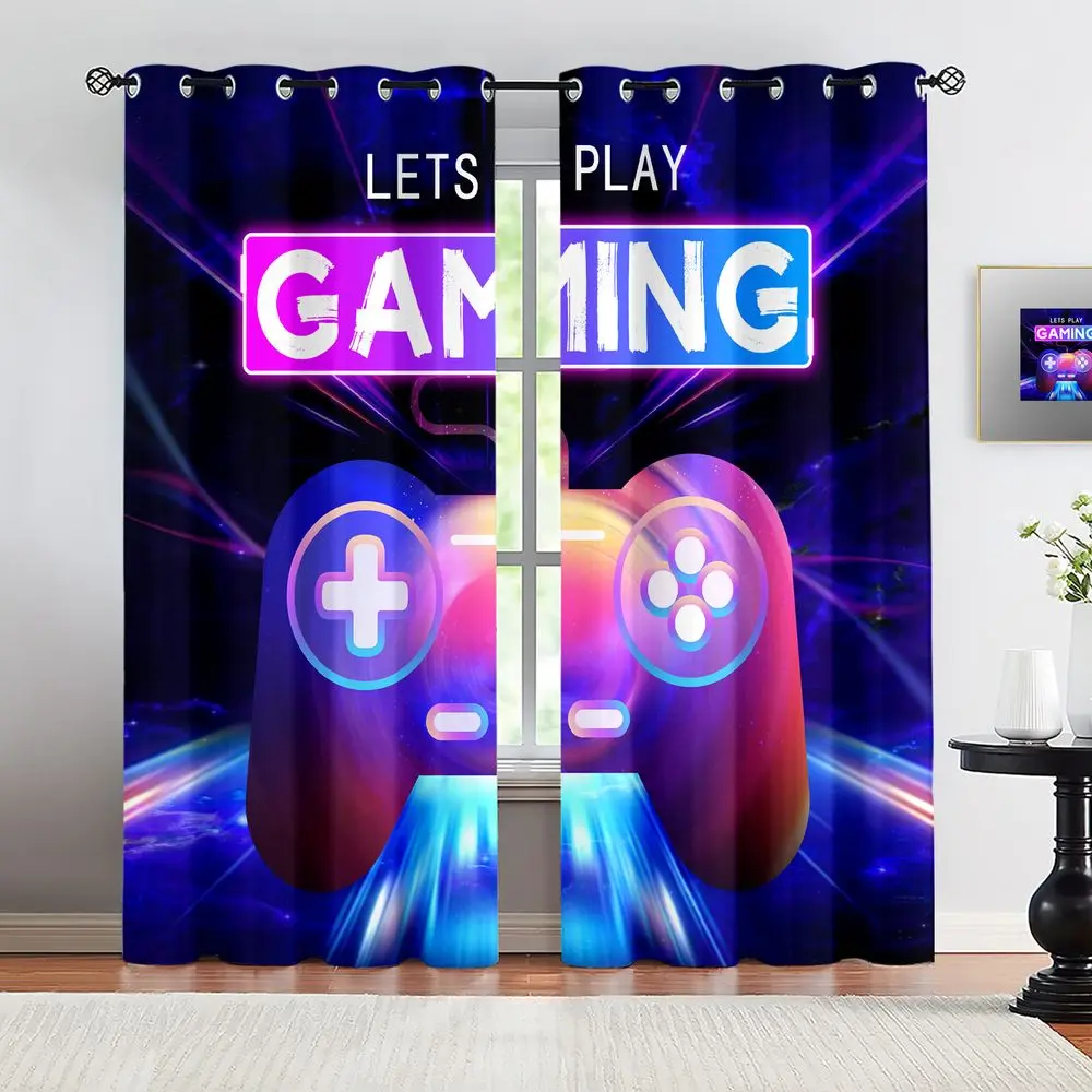 Futuristic Gaming Design Curtains, Vibrant LED Controller Print with Cosmic Space Background, Neon Blue and Pink Gradient, Ideal for Game Rooms and Teen Bedrooms, 2-Pack, Machine Washable and Easy to Install