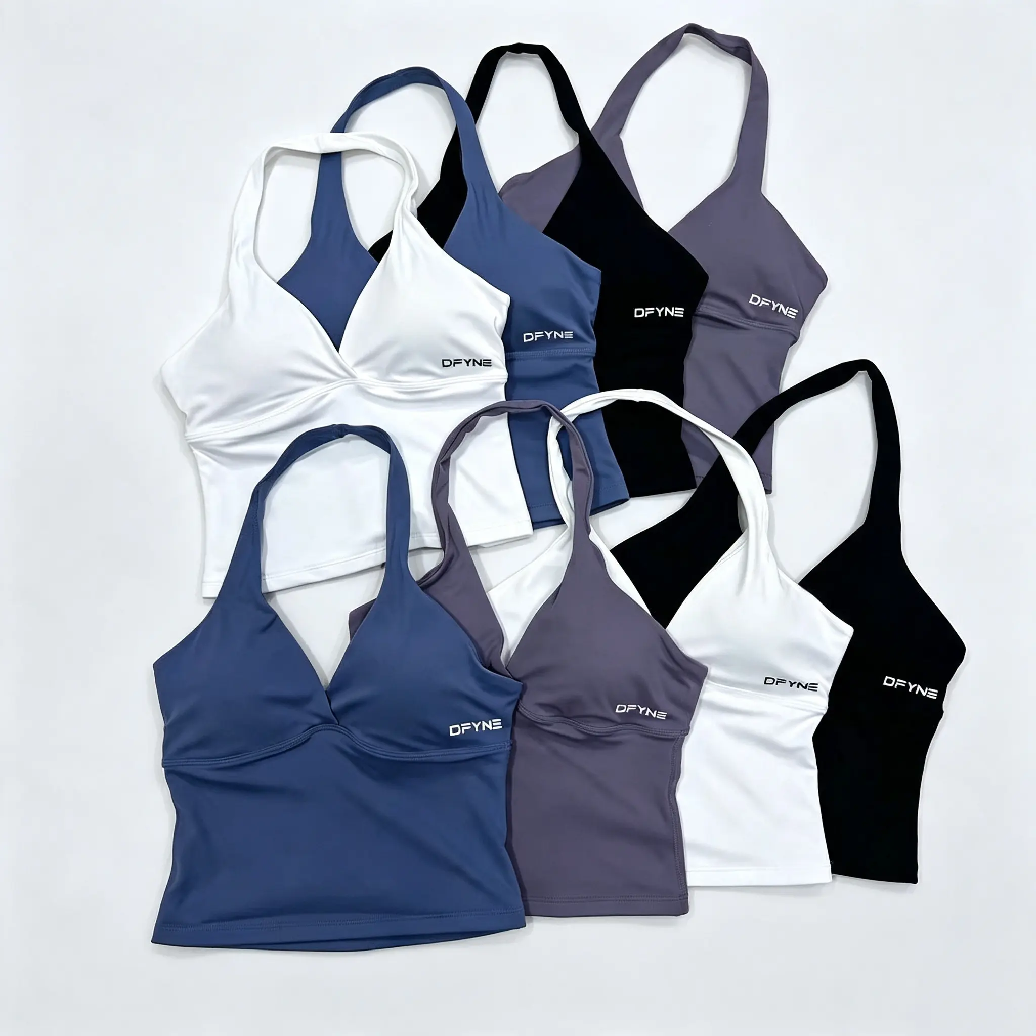 DFYNE Women's V-Neck Halter Workout Tops - Seamless Padded Built-in Bra Crop Tank, 4-Way Stretch Athletic Camisole for Yoga, Fitness