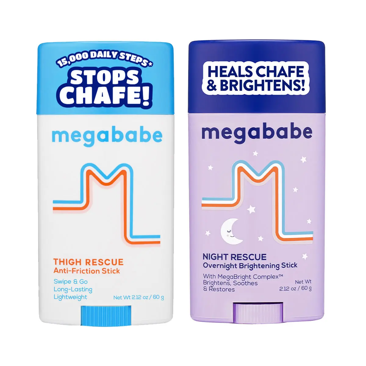 Megababe Chafe Rescue and Recover Set - Day & Night Chafe Essentials | Thigh Rescue anti-chafe stick & Night Rescue brightening stick