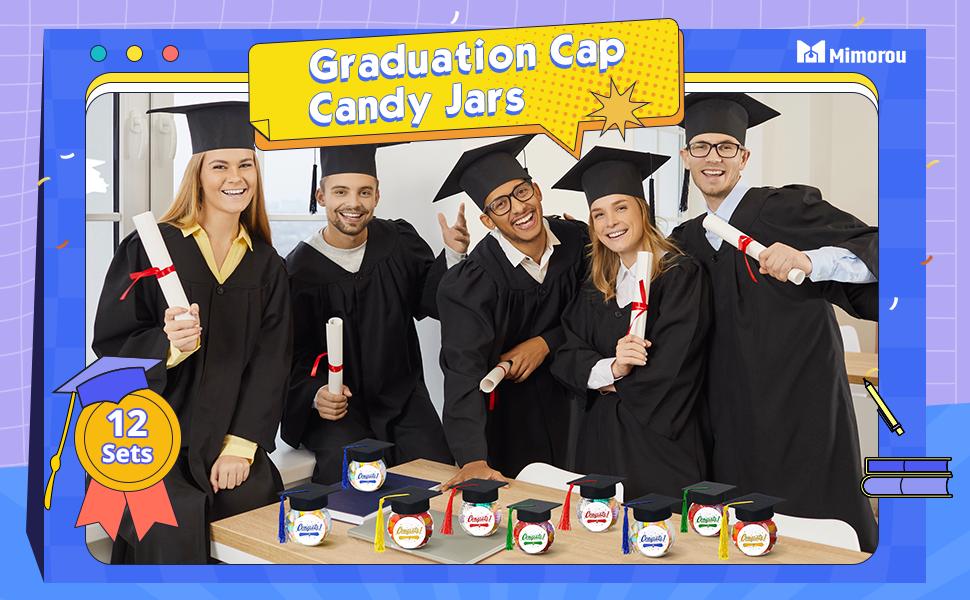 12/24 Pcs Class of 2026 Graduation Cap Candy Jars Set for Student- Multiple Colors, 8oz Graduation Party Decorations Gifts for School Party Guests