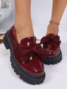 Women's Cute Bow Design Loafers, Bowknot Design Shoes, Fashion Slip-On Casual Shoes, PU Leather Comfortable Footwear for Daily Wear