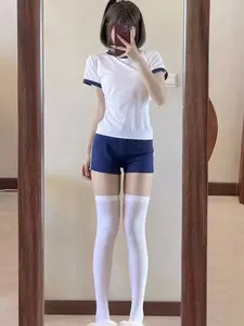 Cute Japanese Style Two-Piece Short Sleeve Swimsuit for Women, Swimming, Soft Gymnastics, High School College Girl Sports Set