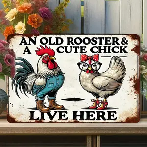 1pc Vintage Farmhouse Chicken-Themed Metal Wall Sign - Funny " Rooster & Cute Chick" Country Kitchen Decor with Rooster & Hen Design, & Dustproof Aluminum Tinplate, Pre-Drilled Holes for Housewarming Gift for Chicken Lovers, 2D Flat Coop