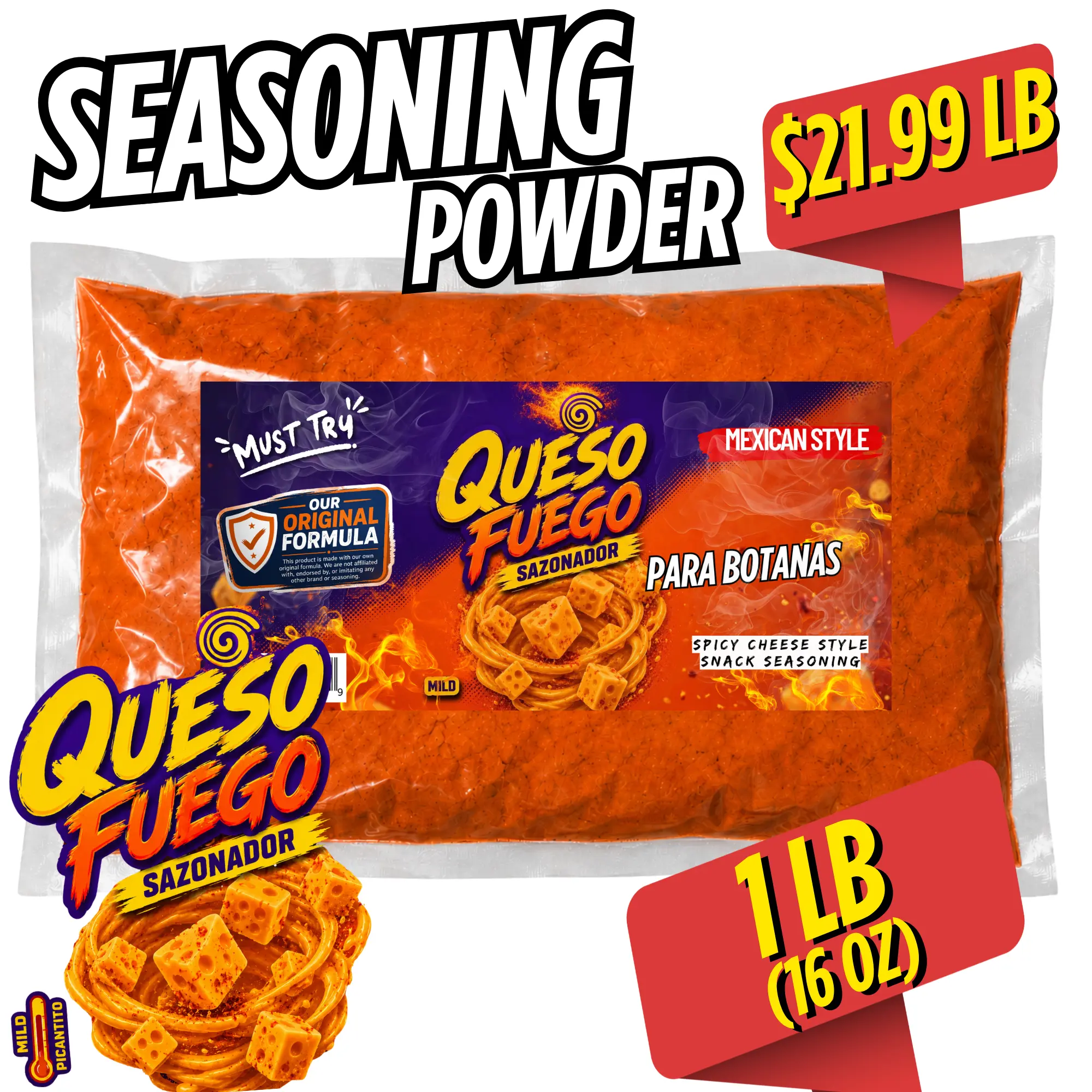 Queso Fuego Seasoning for Beef Jerky, Chips & Snacks Extra Cheesy & Spicy Flavor