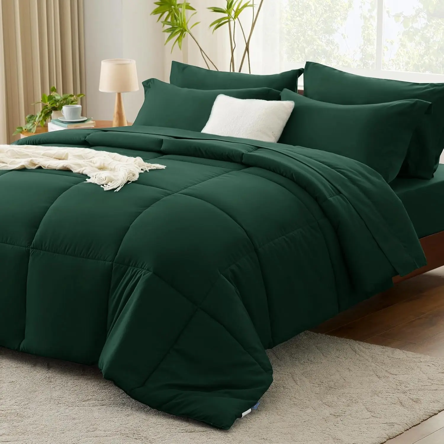 7-Piece Solid Emerald Green Microfibre Queen Bed in a Bag Bedding Set - Box Stitched, All Seasons, Durable, Fade Resistant, Machine Washable; Includes Comforter, Flat Sheet, Pillowcases, Shams