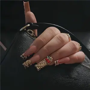 24pcs 3D Leopard Print Long Square Nails, Cherry Dollar Design, Glossy False Nails, Y2K Style, Reusable, Bling Rhinestone, Free Jelly Glue & Nail File