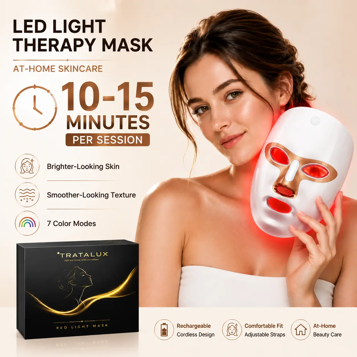 LED Light Therapy Mask, 10–15 Min At-Home Skincare Routine, Rechargeable 7 Color LED Facial Mask for Brighter-Looking Skin & Smoother Texture