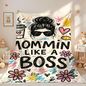 Cozy Flannel Throw Blanket, Playful "Mommin' Like A Boss" Floral & Coffee Print Warm Soft Blanket, Lightweight Durable Nap Blanket, Ideal for Sofa Bed Living Room, Humorous Gift for Mom & Home Decor Accents