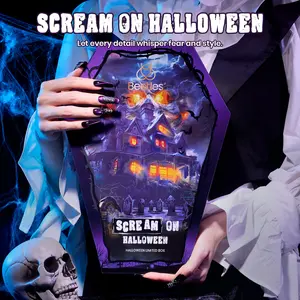beetles Halloween Gel Polish Kit with UV Light, Black Orange Dark Purple Cat Eye Polish Scream On Halloween Limited Box With Nail Tips Nail Sticker Manicure Kit Salon DIY Nail Art Gift Set