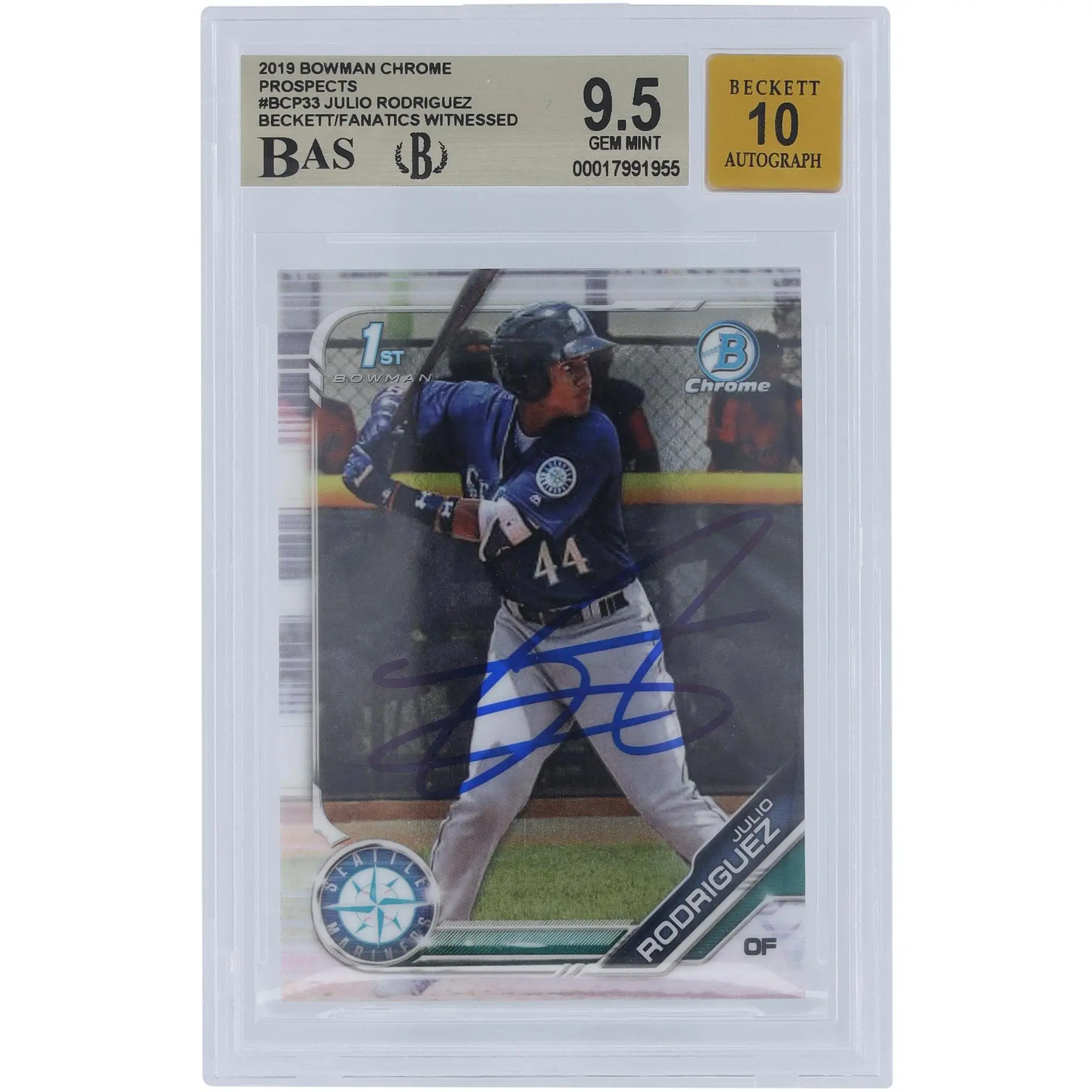 Julio Rodriguez Seattle Mariners Autographed 2019 Bowman Chrome #BCP-33 Beckett Fanatics Witnessed Authenticated 9.5/10 Card - Fanatics Authentic Certified