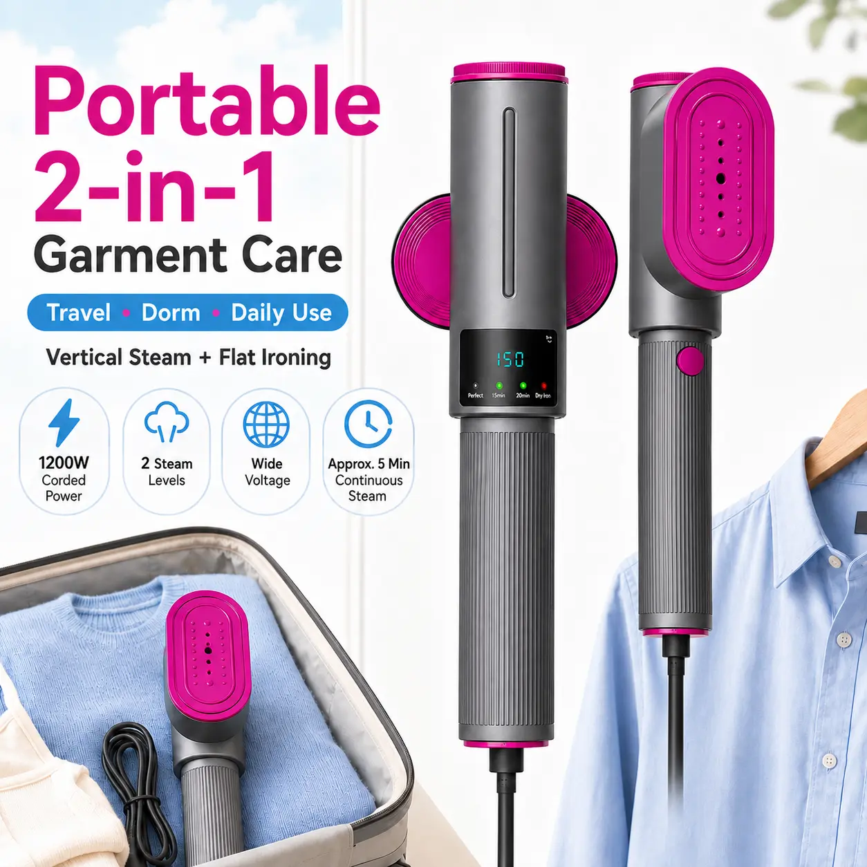 Nuohui Multi-Function Portable Handheld Steam Presses - 1200W Corded Clothes Steamer and Iron with Vertical Steaming, Flat Ironing, 2 Steam Levels, Wide Voltage for Vacation, Daily Use (Steamers for Clothes, Shirts, Dresses) Steams For Clothes