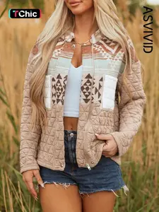 Women's Aztec Print Quilted Patchwork Jacket, Casual Elegant Western Style Stand Collar Coat, Winter Thick Outerwear with Chest Pockets, Womenswear, Fashion, Casual Fashionable Jacket（gift）