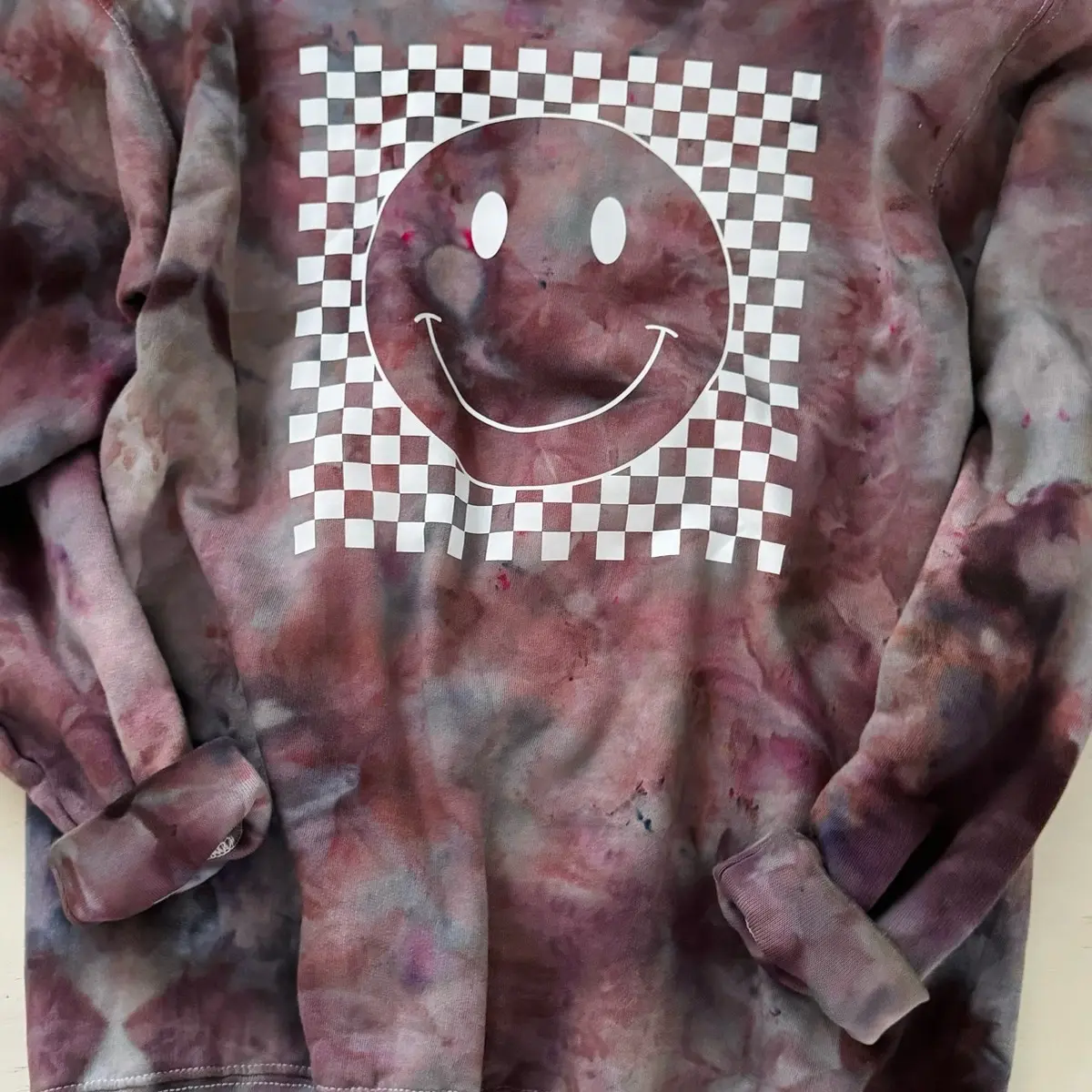 Retro Smiley Sweatshirt, Ice Dyed Sweatshirt, Pink and Gray Cozy Sweatshirt, Crewneck Pullover, Tie Dye Sweater