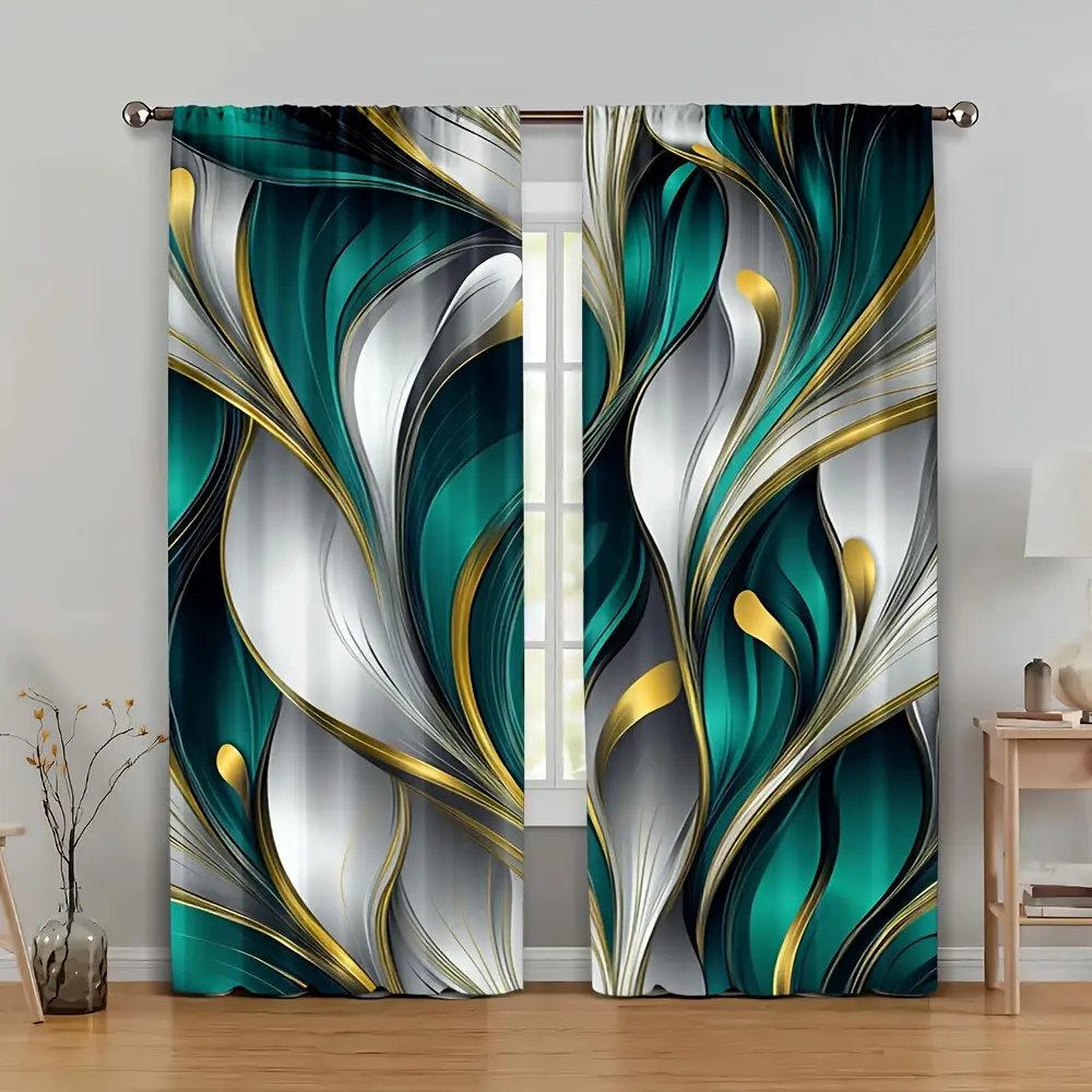 2-Piece set, dark green and gold abstract print curtains, Home Decorative Curtain, vintage pattern, rod pocket design, suitable for bedroom, living room, home decoration, Christmas items, holiday decorations, Window Curtain