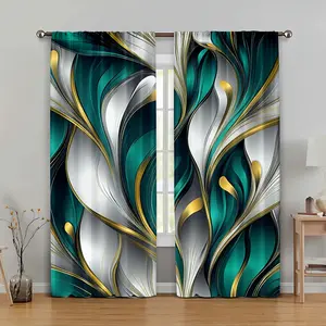 2-Piece set, dark green and gold abstract print curtains - timeless vintage pattern, rod pocket design, suitable for bedroom, office, kitchen, living room, study and home decoration, Christmas items, holiday decorations, Window Curtain