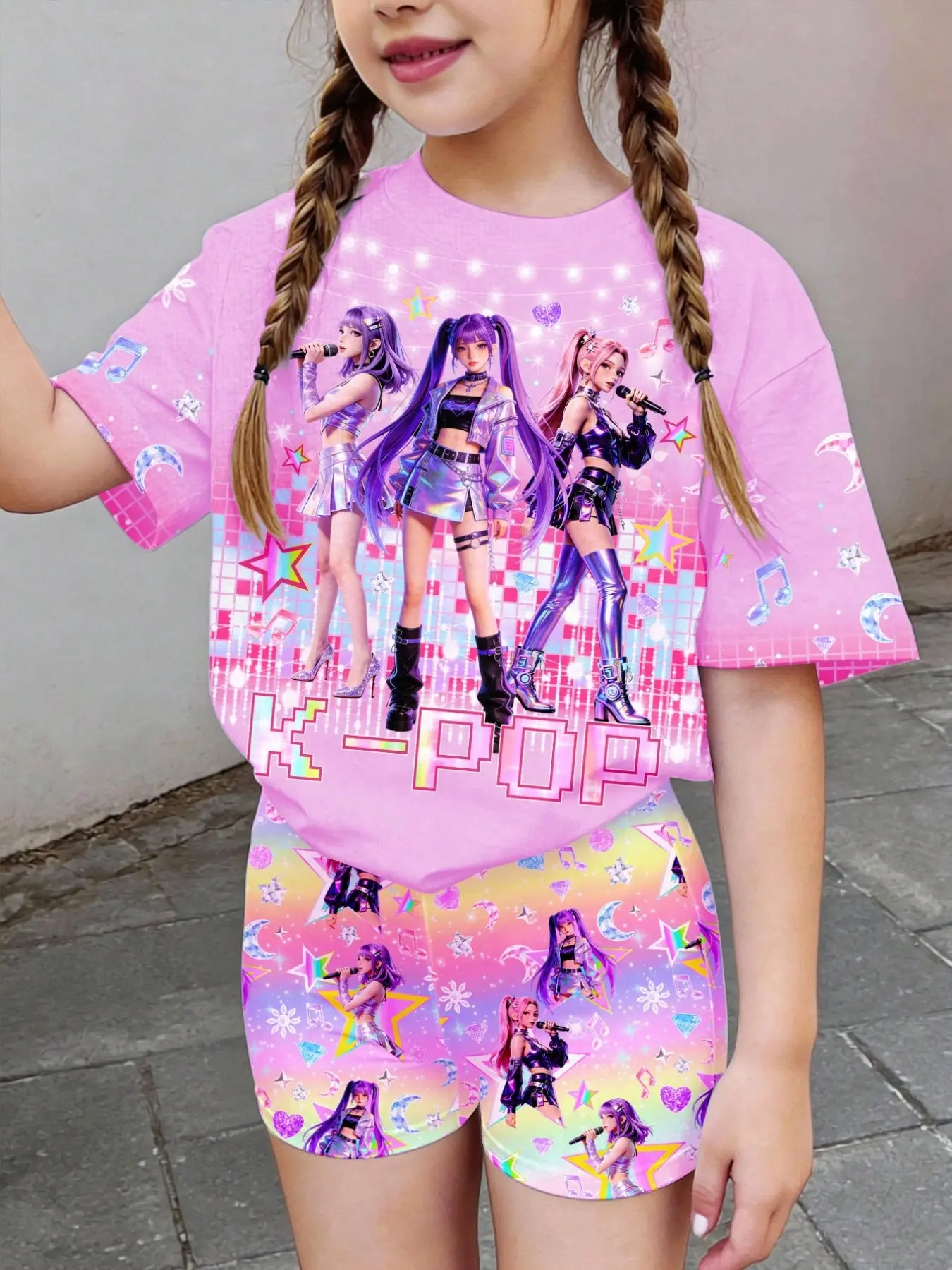 Girls' Two-Piece Set T-Shirt and Shorts, Virtual Girl Group Cartoon Print, Cute Short Sleeve Kids, Essential Summer Wear, Summer Clothes Set, Matching Outfits Set, Cute Clothing Set