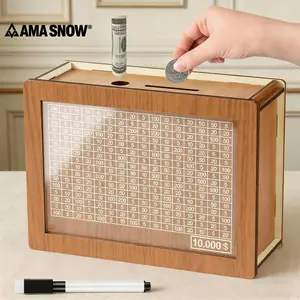 AMA SNOW $10000 Larger Size Savings Challenge Box - Wooden Money Storage Jar Money Bank, Countdown Money Saving Box with 10000 Dollars Target, Cash Vault Kakeibo Money Bank for Adults Kids, Wooden Cash Coin Piggy Bank with Counter and Dry Erase Pen