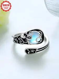 Women's Vintage Bohemian S925 Silver Moonstone Spoon Ring, Adjustable Open Finger Ring, Adjustable Rings, Anti-Allergy, Daily Wear, Party Gift, Unique Rings, Statement Ring, Boho Style Rings