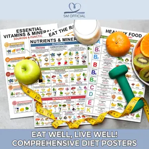 Set 4 Vitamin And Mineral Chart 11"X17" - Healthy Food Chart, Rich Nutrition Poster, Food Protein Chart, Vitamin Chart Laminated, Nutrient Chart