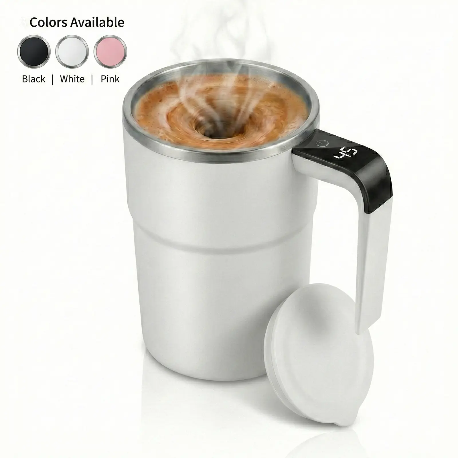 13oz Smart Magnetic Auto Stir Coffee Cup with Button Control, Real-Time Temperature Display, 304 Stainless Steel Body, Anti-Scalding, Reusable & Washable for Office Home Use (White)