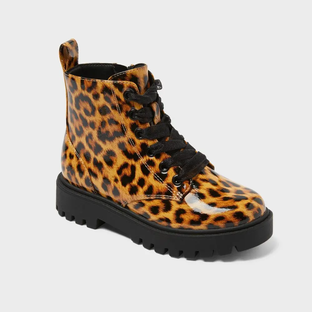 Art Class Kids' Kayden Lug Sole Combat Booties - Lace-Up & Side Zipper Fashion Boots with Pull Loops
