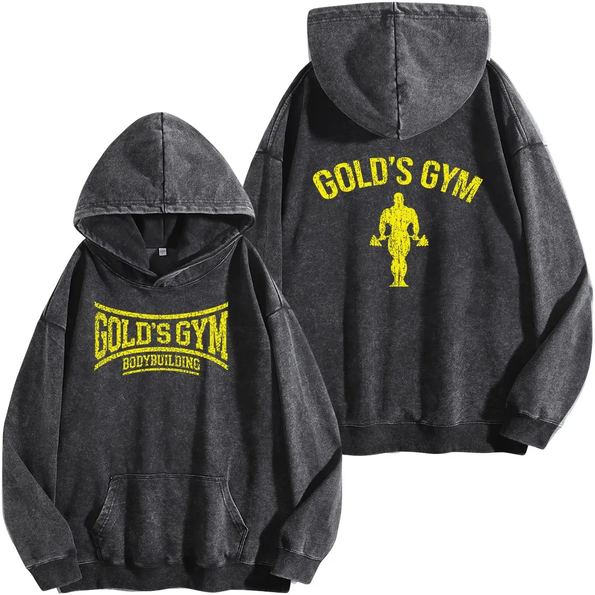 Golds Gym Bodybuilding Washed Graphic Hoodie, Oversized Pump Cover Vintage Fitness Streetwear