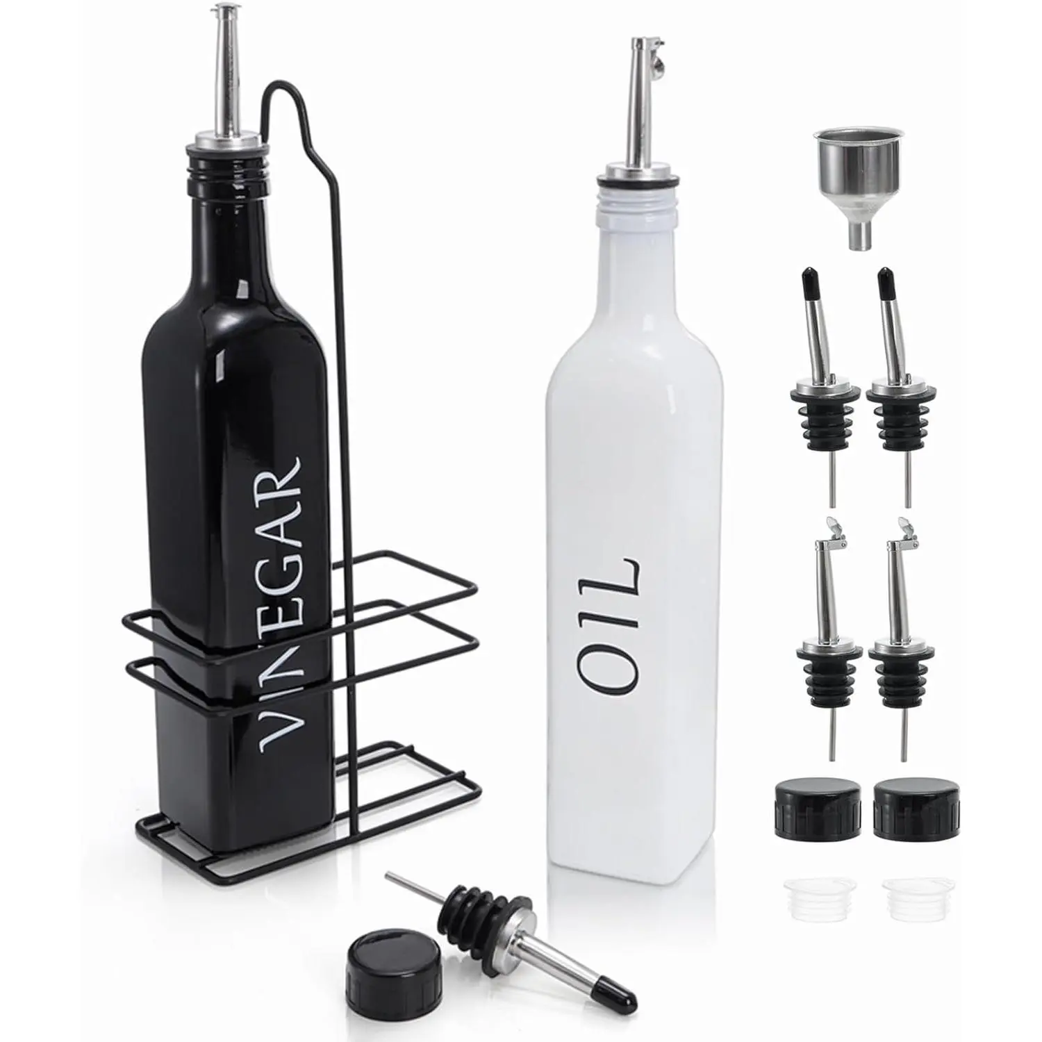 Vintage 2-Pack 17oz Rustic Farmhouse Glass Oil and Vinegar Dispenser Bottles Set - Black & White Kitchen Gadgets with Stainless Steel Holder, Leakproof Rubber-Sealed Slim Round Synthetic Utensils, Wedding Gifts