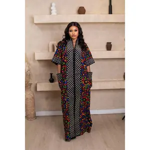 The Luxe Zenith Kimono - Ankara Fabric, Full-Length Design with Zip-Down Front, Short Sleeves, Rhinestone Detailing, Casual Style for Women - Womenswear Chic Everyday Pocket Statement Crystal