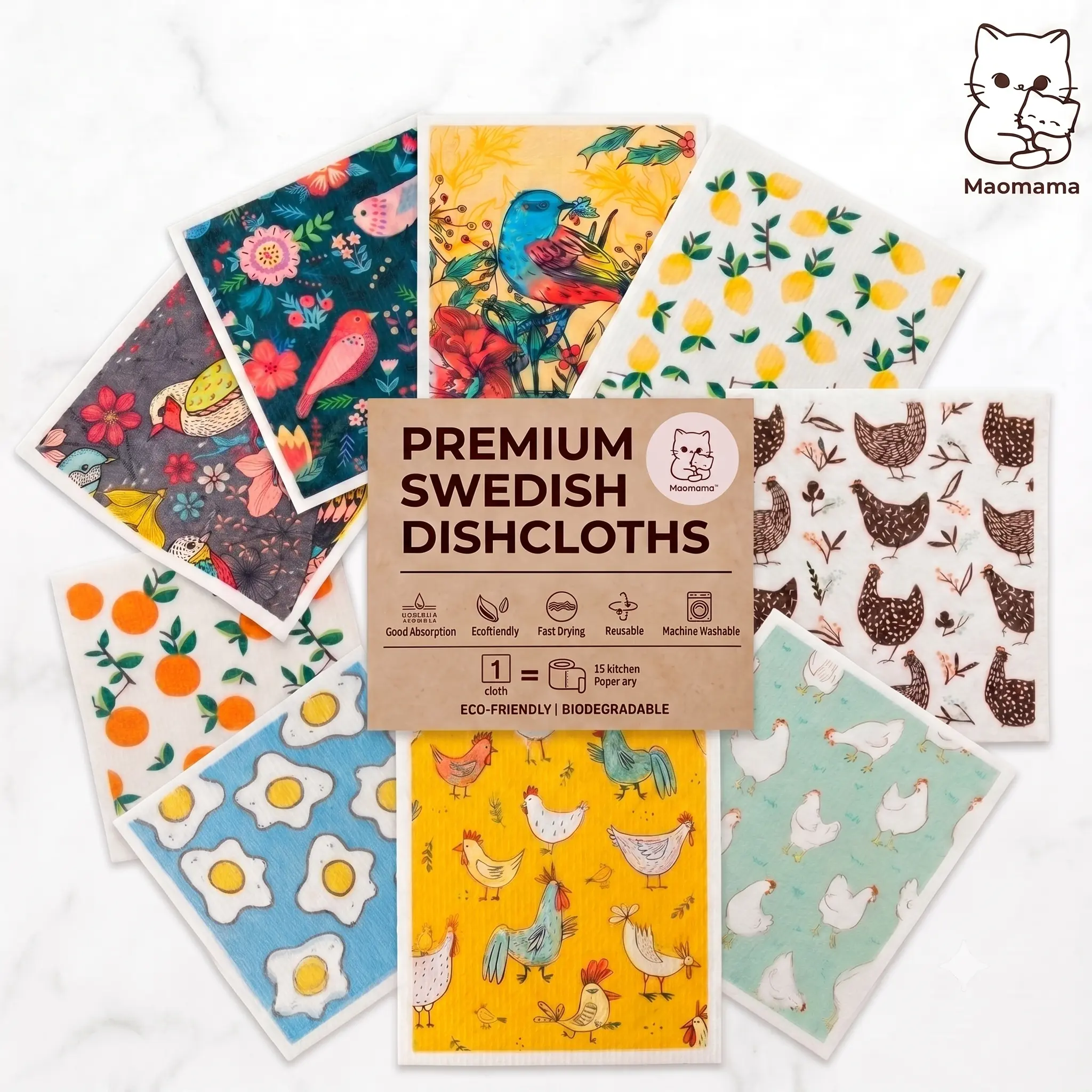 Maomama 3-Pack Cotton Kitchen Dishcloths - Swedish Wholesale, Nature, Flowers, Egg, Farmhouse Chicken, Animal, Fruits Patterns, Reusable Eco-Friendly Cellulose Sponge Cloths, Super Absorbent for Home Kitchen Dishwashing, Desk Cleaning