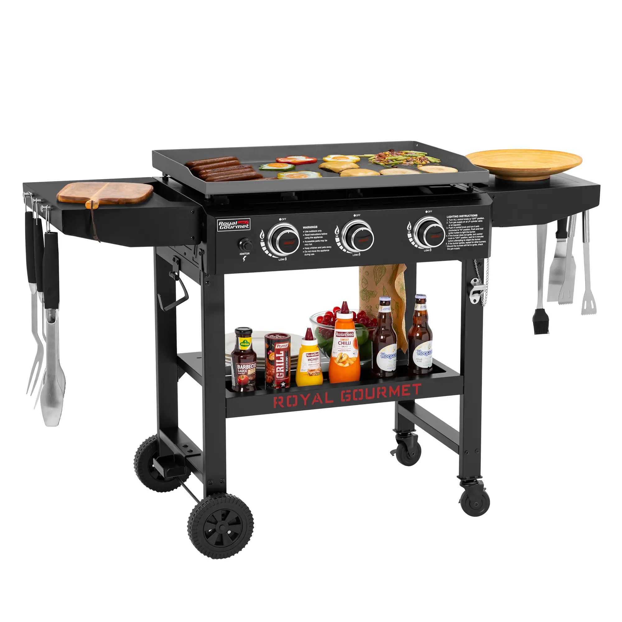 Royal Gourmet GB3000H 28-Inch 3-Burner Gas Griddle, 39,000 BTU Outdoor BBQ Flat Top Grill with Collapsible Side Shelves, 492 sq.in Cooking Area, Electronic Ignition, Portable Camping & Tailgating Griddle, Black