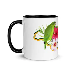 11oz Ceramic Reusable Coffee Mug, Jamaica Map Design with Flower and Parrot Accents, Colorful Interior, Washable Kitchen Drinkware