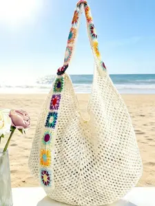 Boho style crochet tote bag with colorful square trim, hollow mesh knit shoulder bag, perfect for the beach and everyday use