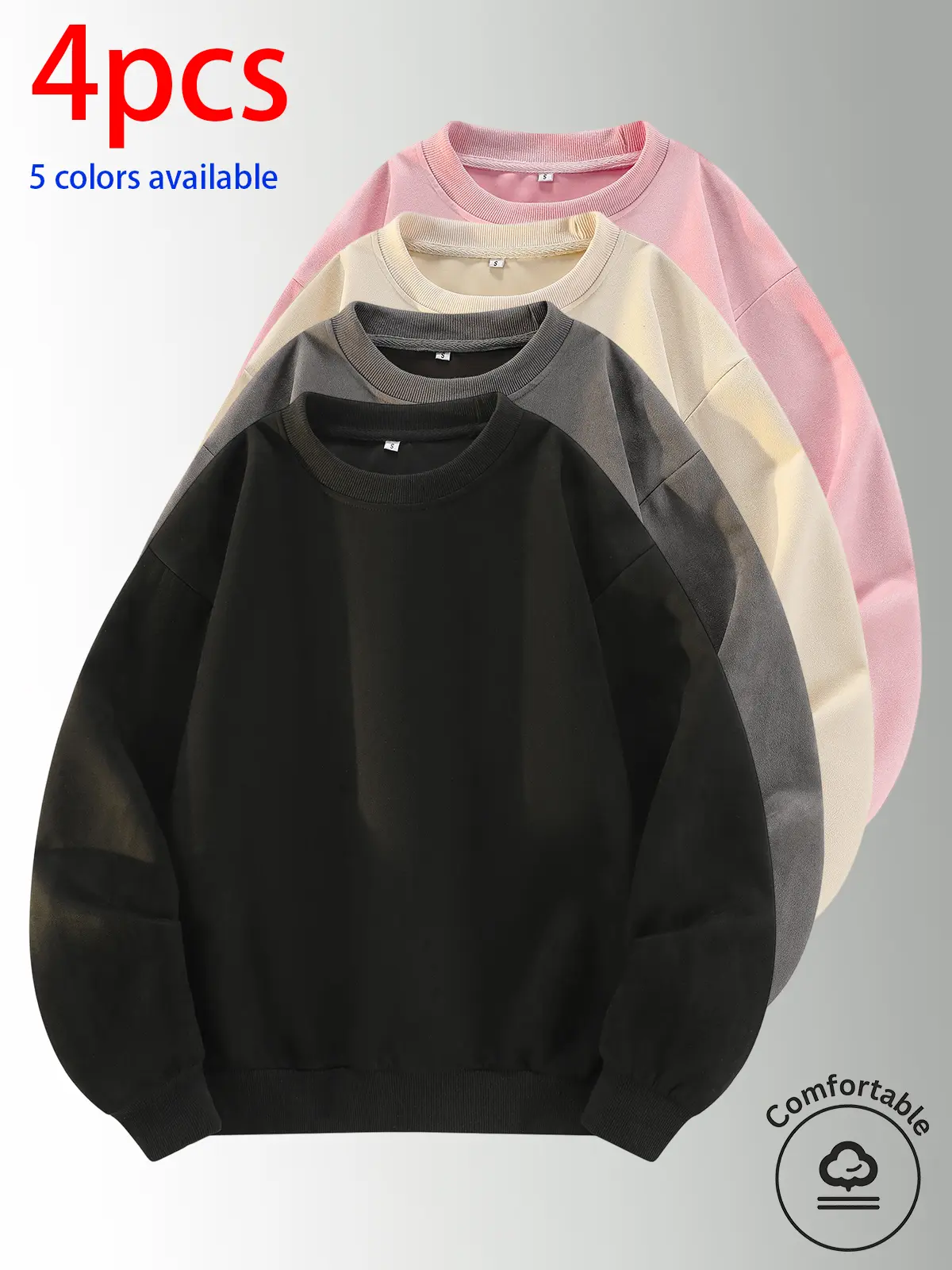 4-pack men’s crewneck sweatshirts, men’s long-sleeve sweatshirts, men’s pullover sweatshirts.Loose, comfortable fit; simple and versatile—suitable for home, everyday casual wear, outdoor sports, campus, and commuting to work. Suitable for both men and wom
