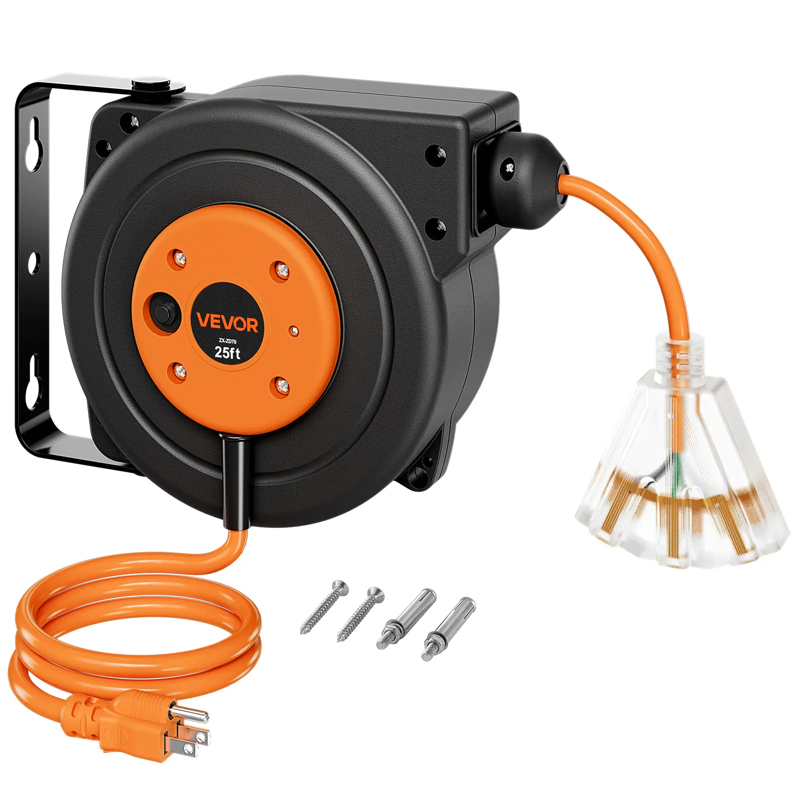 VEVOR Retractable Extension Cord Reel - 25FT Heavy-Duty 14AWG/3C SJTOW Orange, Ceiling/Wall Mountable, 13A Circuit Breaker, Automatic Retraction, Lighted Triple Tap, 180° Swivel Bracket, Outdoor-Safe Power Supply