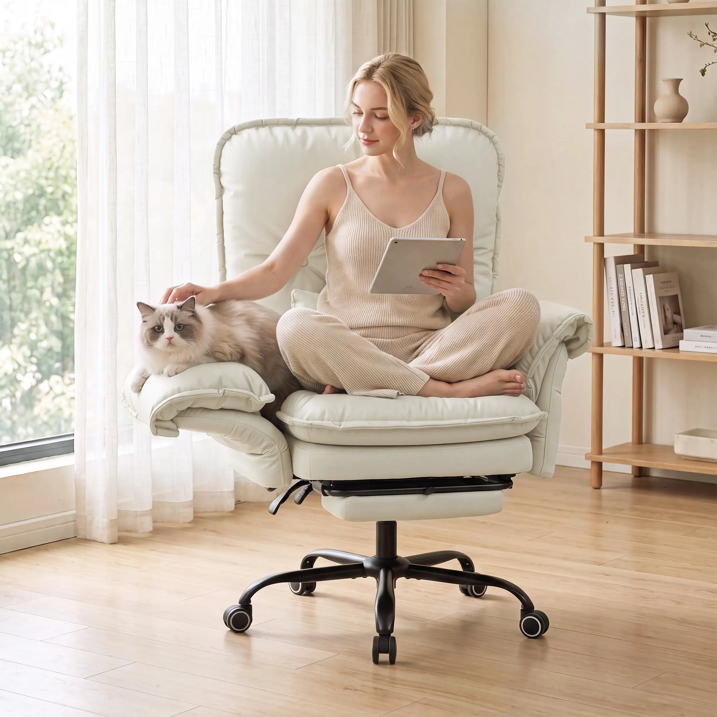 [Summergarden] Vabches Criss Cross Office Chair with Flip-Up Armrests, Wide Seat Desk Chair, Beige | Cross Legged Office Chair with Foot Rest and Pocket Spring Seat, Reclining Desk Chair with Lumbar Support and Side Pockets gaming chair