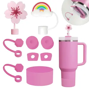 Cup Accessories Set Including 6 Pcs Silicone Spill Proof Stopper, 2 Pcs Straw Cover Cap for 9-10 mm Straws, 1 Pcs Silicone Boot for Stanley Cup Stanley 40oz & 30oz Tumbler (Peony)
