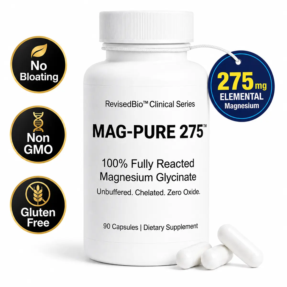 Pure Magnesium Glycinate Supplement - 100% Fully Reacted, Unbuffered, Chelated, 0 Oxide, Gentle on Stomach