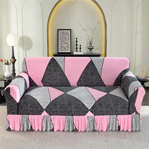 Geometric Pattern Sofa Cover, Stretch Sofa Cover, 1 Count Sofa Slipcover with Ruffle Trim, Dustproof Sofa Protector for Home Living Room, Vanity Decor Accessories