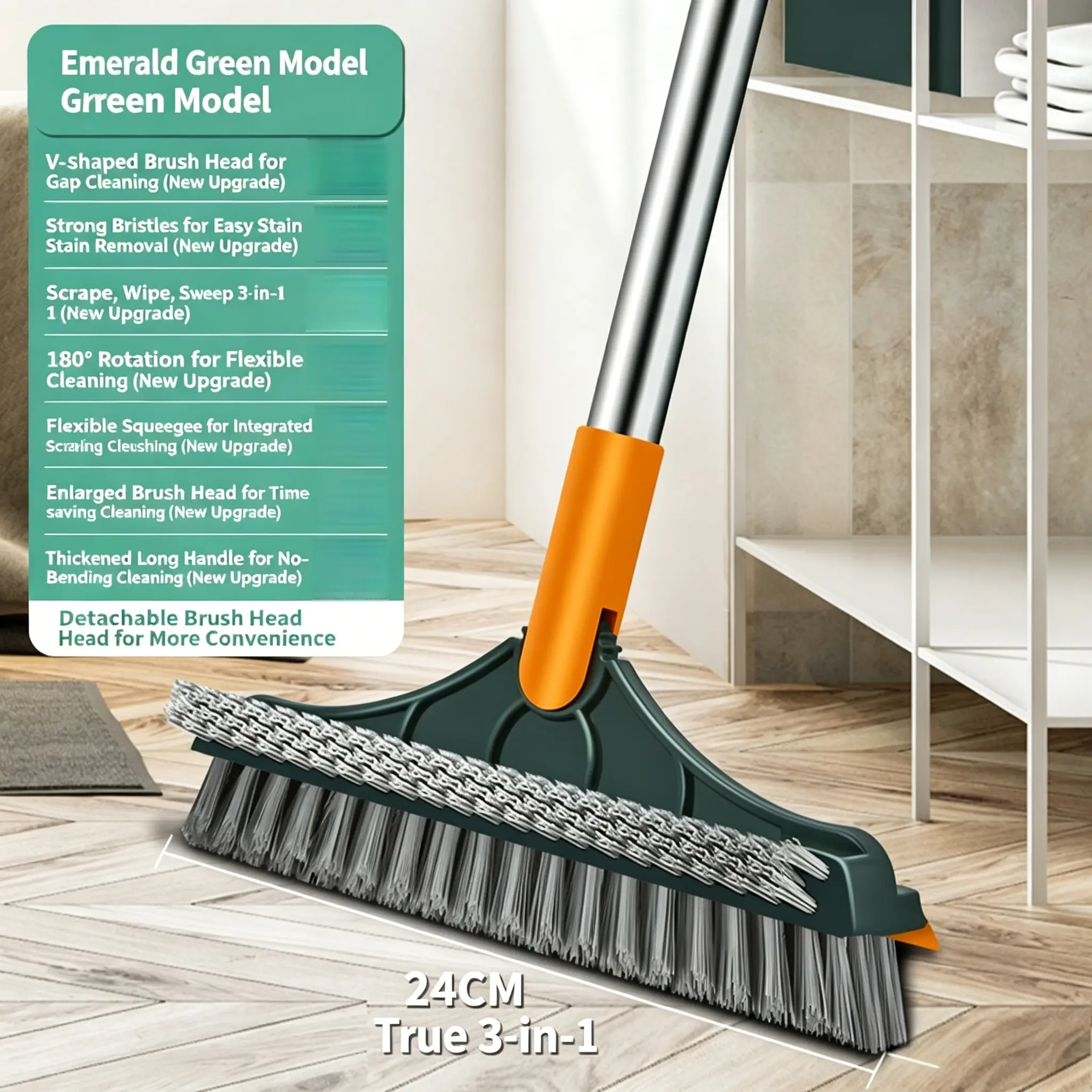 1-Pack 3-in-1 Rotatable Long Reach Handle Bathtub Floor Scrub Brush - Heavy Duty Stiff Bristles, Double Sided, Durable, Bendable Rubber Squeegee, Home Care Essential for Tub & Shower Cleaning