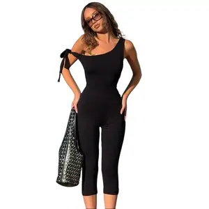 Women's 2026 Summer New One Shoulder Side Tie Asymmetrical Neck Ruched Bodycon Capri Jumpsuit Solid & Leopard Print Color Slim Fit Stretchy Dating Night Casual Rompers summerwins