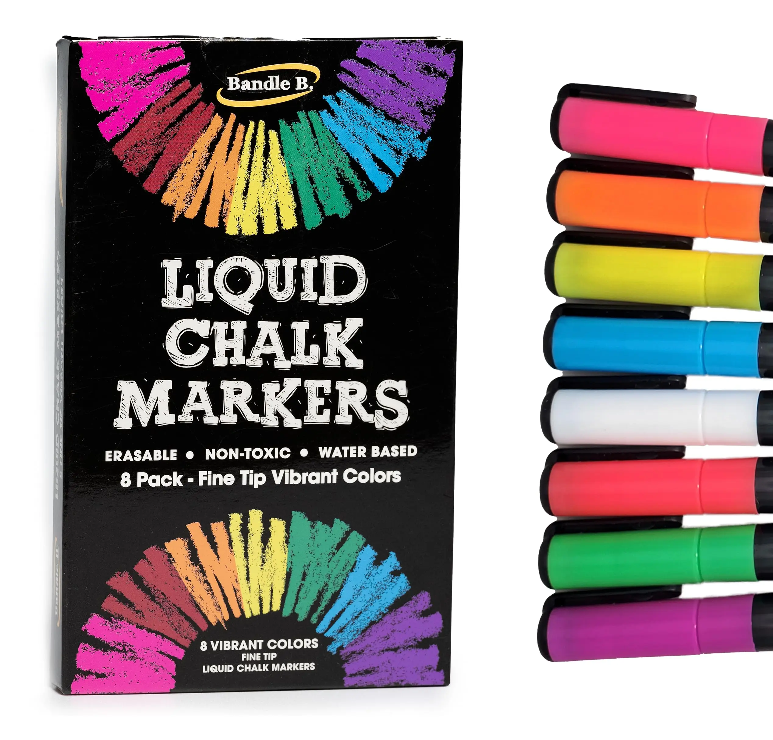 Bandle B. Vibrant Fine Tip Chalk Markers, 8 Pack - Erasable, Non-Toxic, Water-Based (1mm) for Adults and Kids marker sets