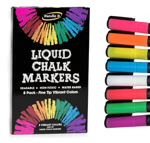 Bandle B. Vibrant Fine Tip Chalk Markers, 8 Pack - Erasable, Non-Toxic, Water-Based (1mm) for Adults and Kids marker sets