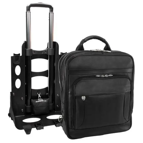 McKlein USA Wicker Park Leather Rolling Business Case - Black, Telescopic Handle, Detachable Design, Multi-Compartment, Built-In Organizer, Versatile, Zip, Two Large Accessory Slip Pockets