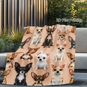 1pc Vintage Watercolor Chihuahuas Pattern Flannel Blanket - All-Season Cozy Sofa Bed Throw, Machine Washable Soft Lightweight Blanket for Women, Pet Lovers Home Decor, Cute Blanket, Playful Design, Smooth Texture, 2D Flat