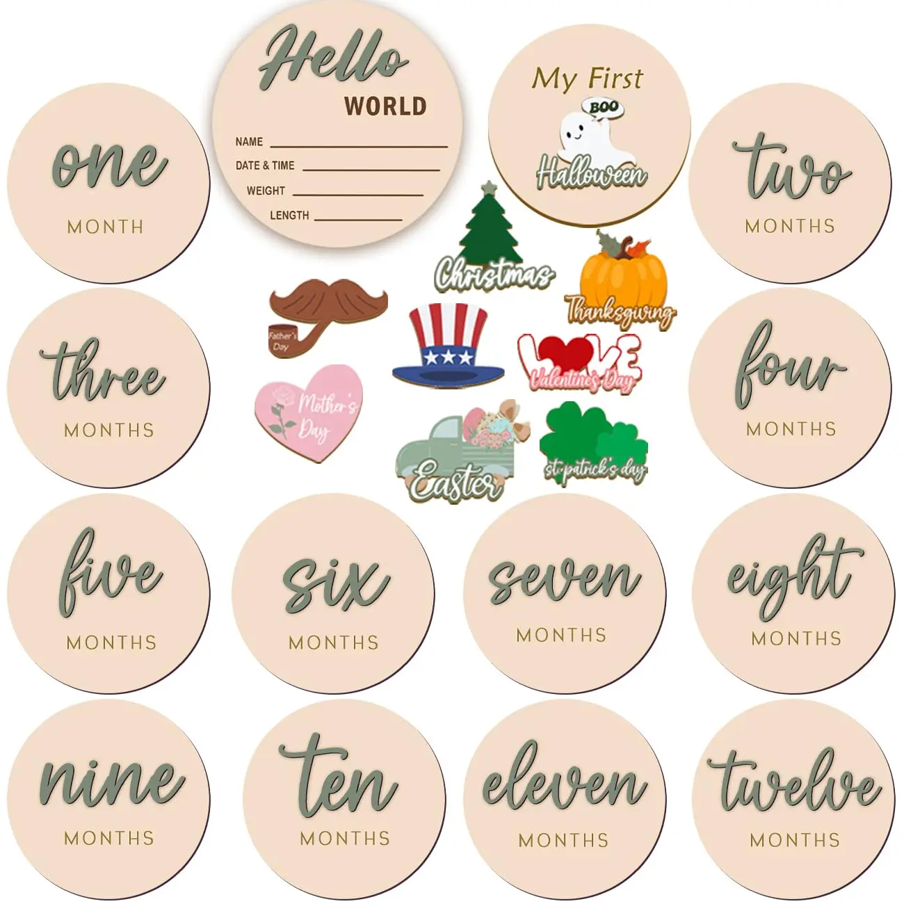 Monthly  Milestone Maker Discs,  Milestone Signs for  , Hello World  Sign for  Girl & Boy,  Announcement Sign for 1-12 Month, Milestone Wooden Circles (Sage)