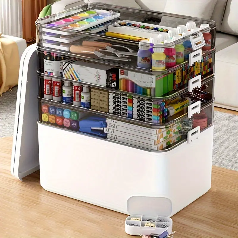 5-layer multi-purpose plastic storage box with handle, Multifunctional Craft Storage bin – no assembly required, for sewing tools, medications, art supplies, cosmetics, and toys – home organization solution, Clear Storage Box