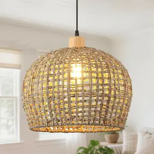 Rattan Pendant Lights Kitchen Island, 16" Hand-Woven Boho Wicker Hanging Ceiling Light for Dining Room