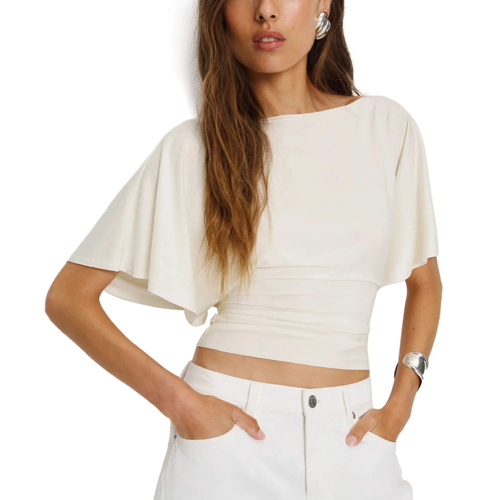 Songling Womens Cinched Waist Short Sleeve Top Boat Neck Knit T-Shirt Casual Streetwear Basic Tee in Modal Blend Fabric